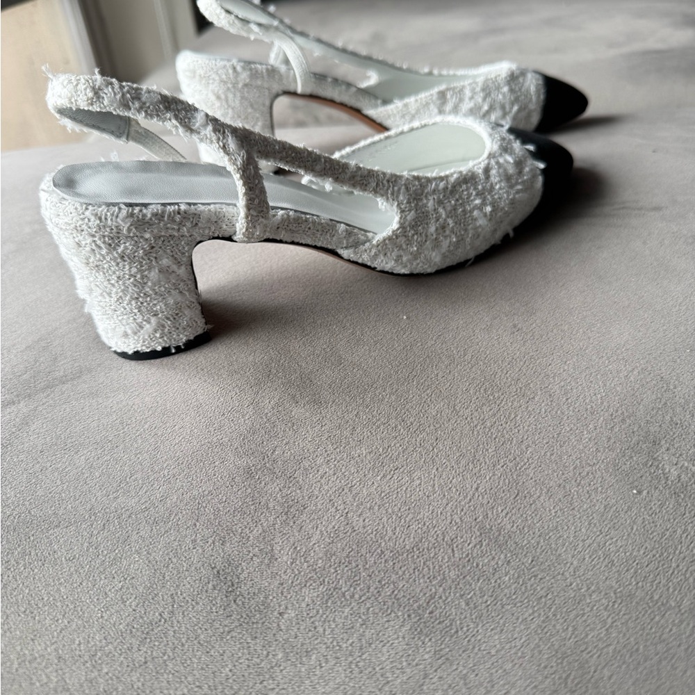 Textured Slingback Block Heel Pumps - White with Black Toe